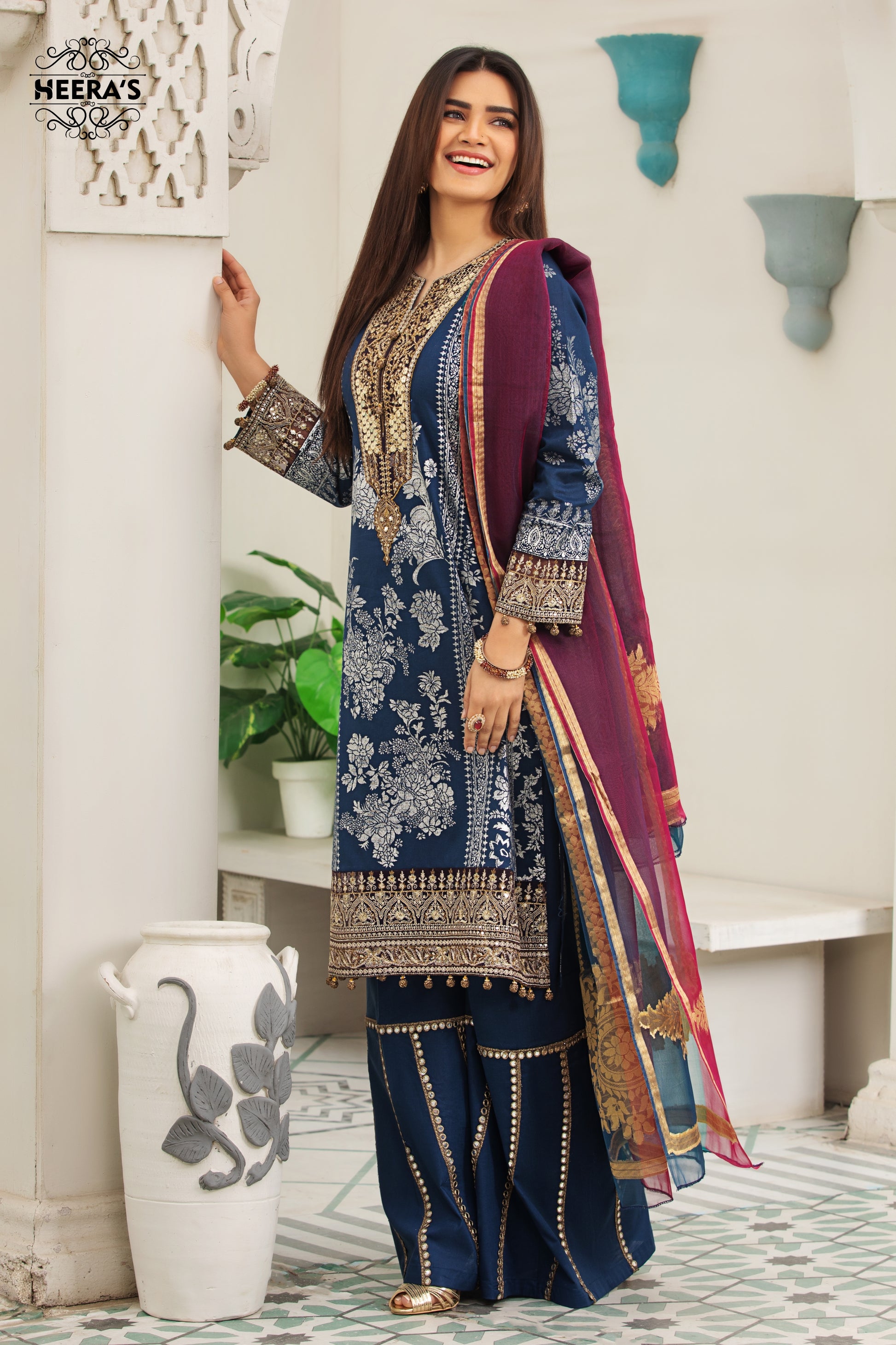 BLUE DIAMOND K.H EMBROIDERED 3 PCS - Heeras Official