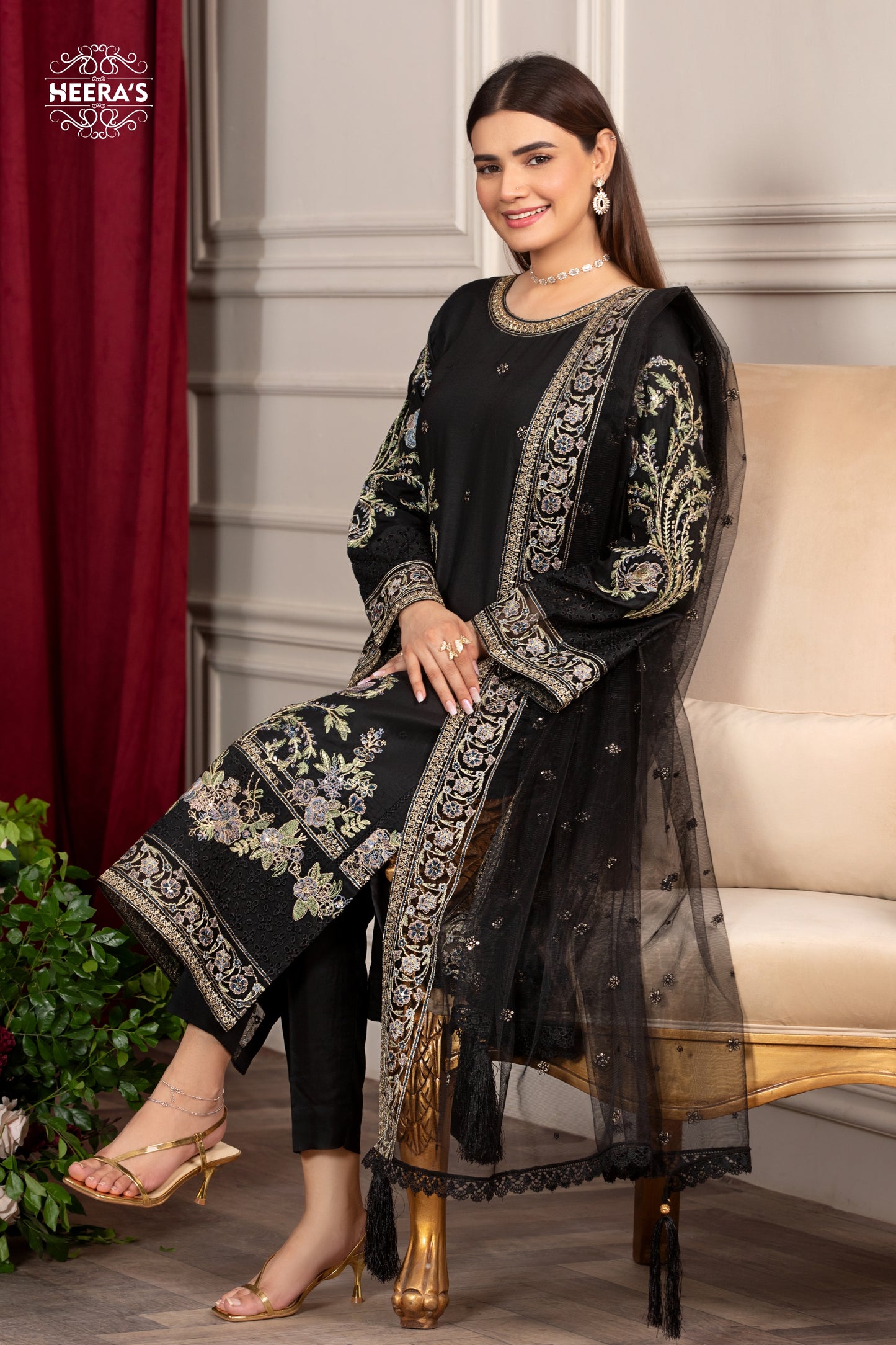 BLACK PEARL EMBROIDERED 3 PCS - Heeras Official