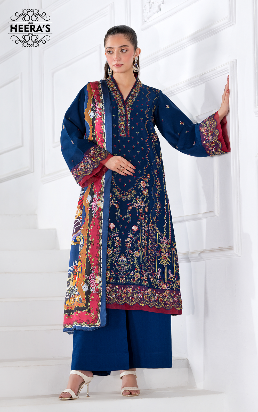 Embroidered Viscose Suit with Silk Digital Dupatta – Heeras Official