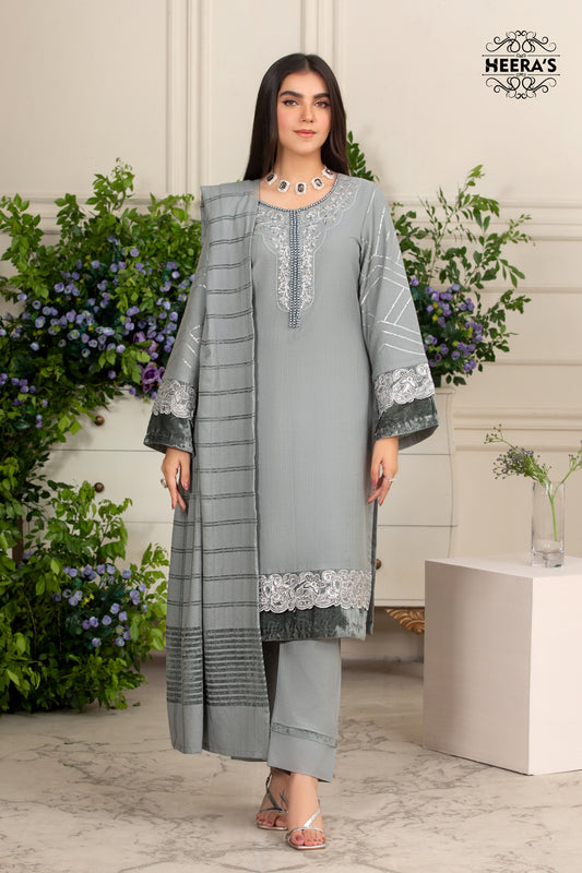 DHANAK VELVET GREY GRACE-3PCS EMBROIDERED - Heeras Official