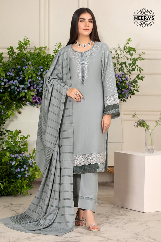 DHANAK VELVET GREY GRACE-3PCS EMBROIDERED - Heeras Official