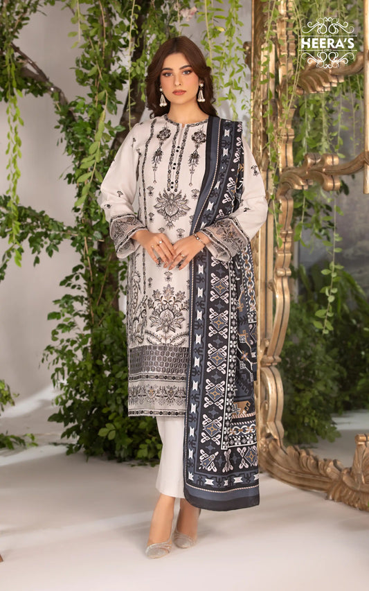 IVORY SOFT KHADDAR - 3 PCS EMBROIDERED - Heeras Official