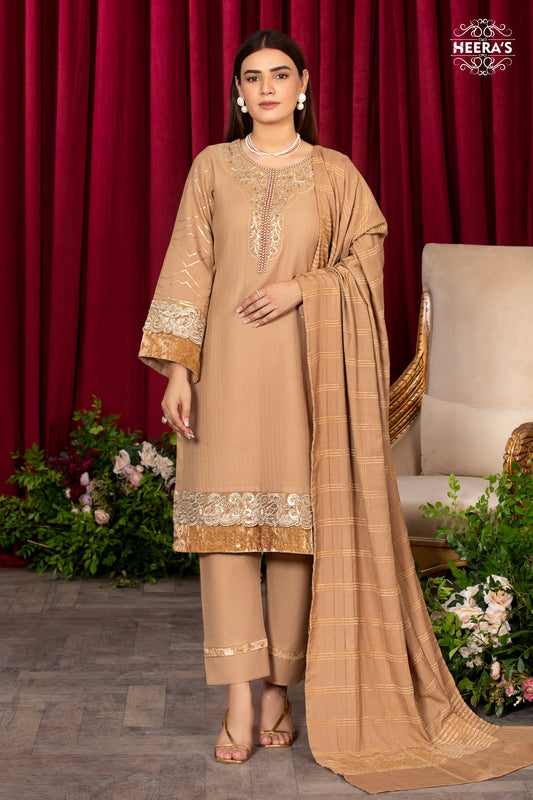 ELEGANT GOLD DHANAK VELVET EMBROIDERED 3 PCS - Heeras Official