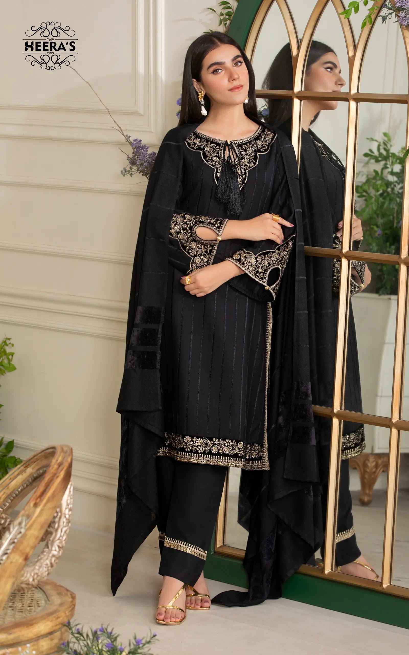 PASHMINA VELVET CO-ORD(BLACK)-3 PCS EMBROIDERED - Heeras Official