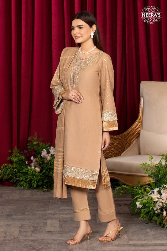 ELEGANT GOLD DHANAK VELVET EMBROIDERED 3 PCS - Heeras Official