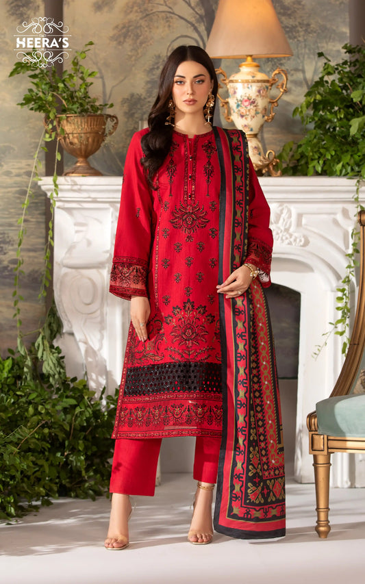 REGAL RED KHADDAR -  3 PCS EMBROIDERED - Heeras Official