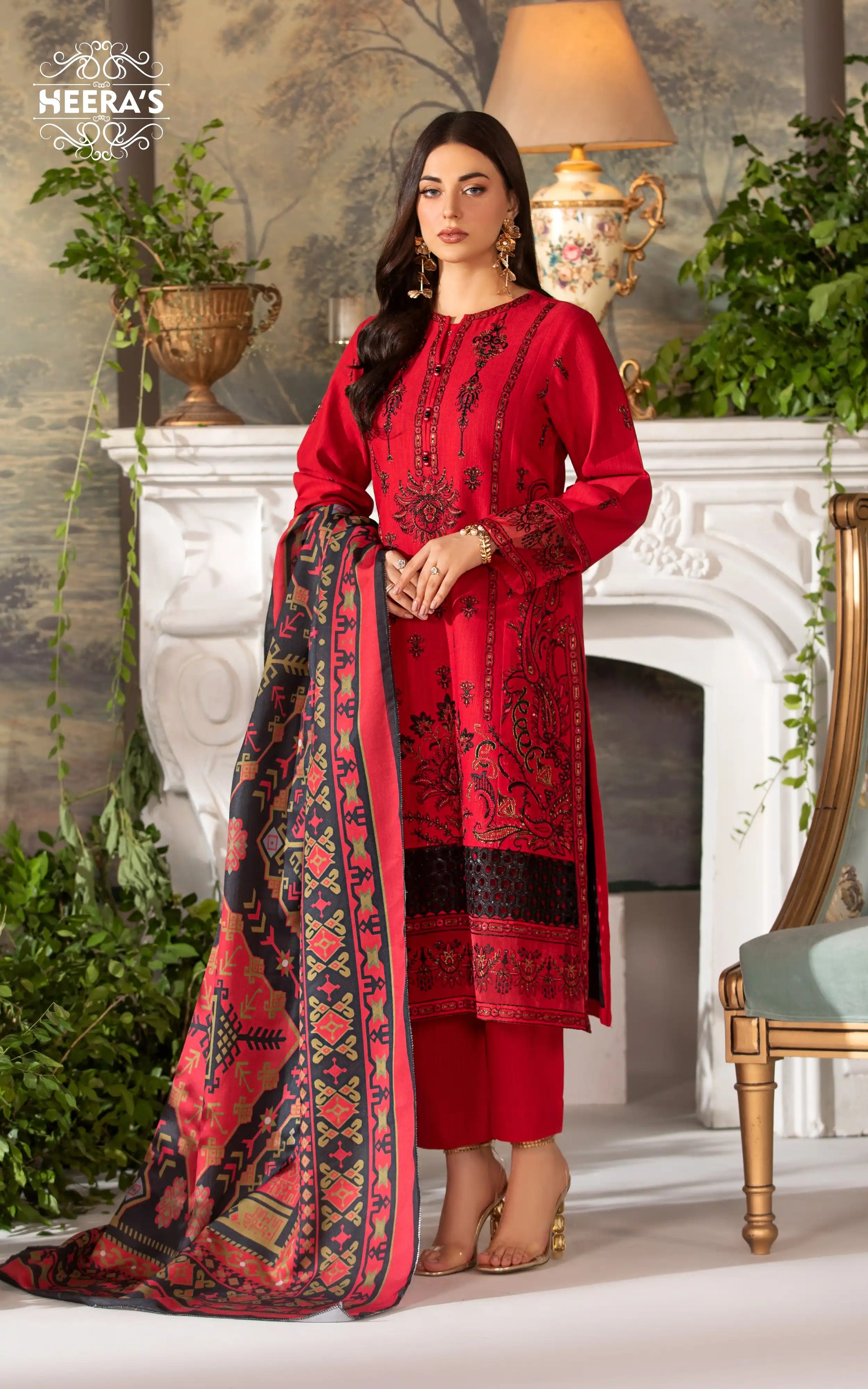 REGAL RED KHADDAR -  3 PCS EMBROIDERED - Heeras Official