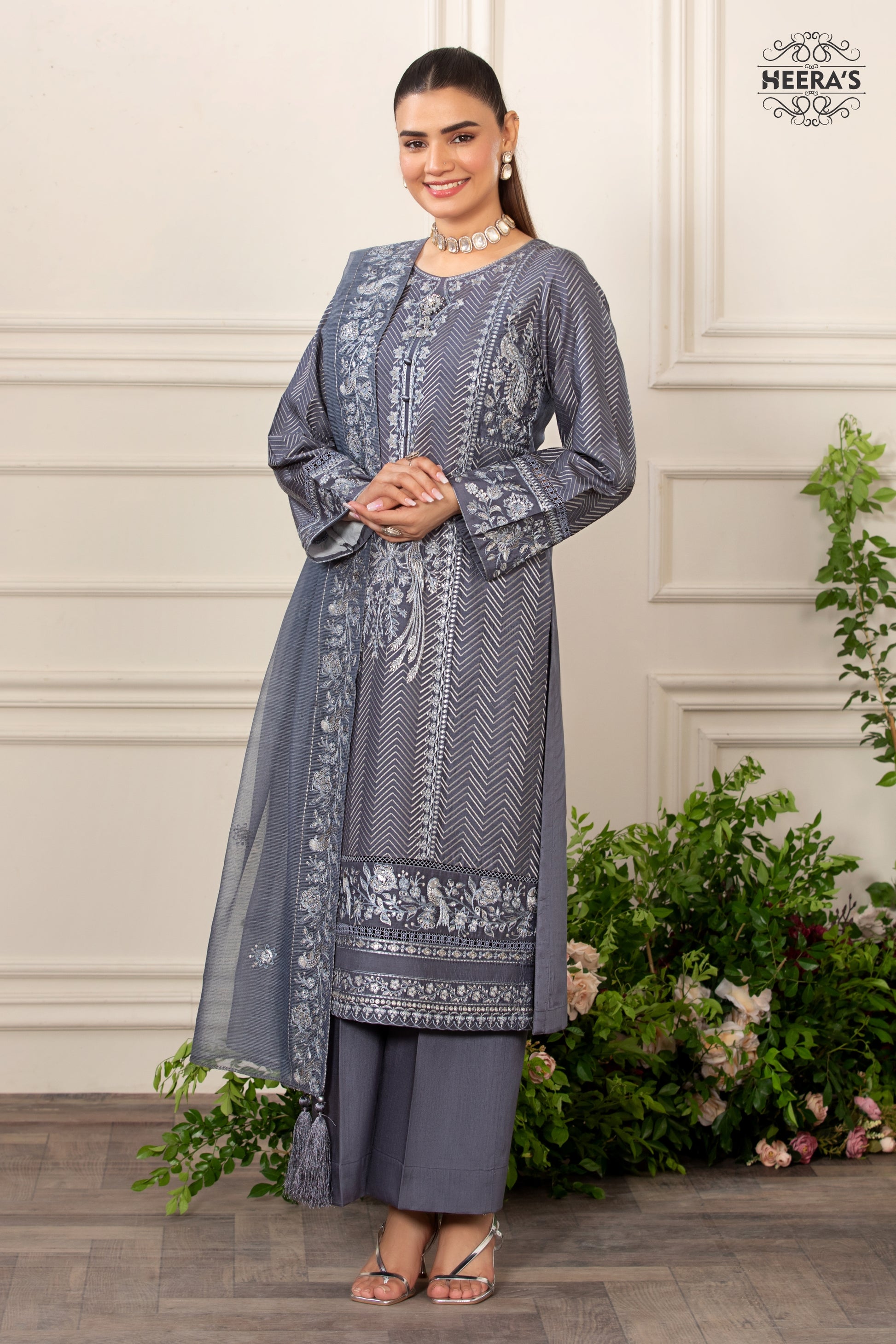 ELEGANTS GREY K.H EMBROIDERED 3 PCS - Heeras Official