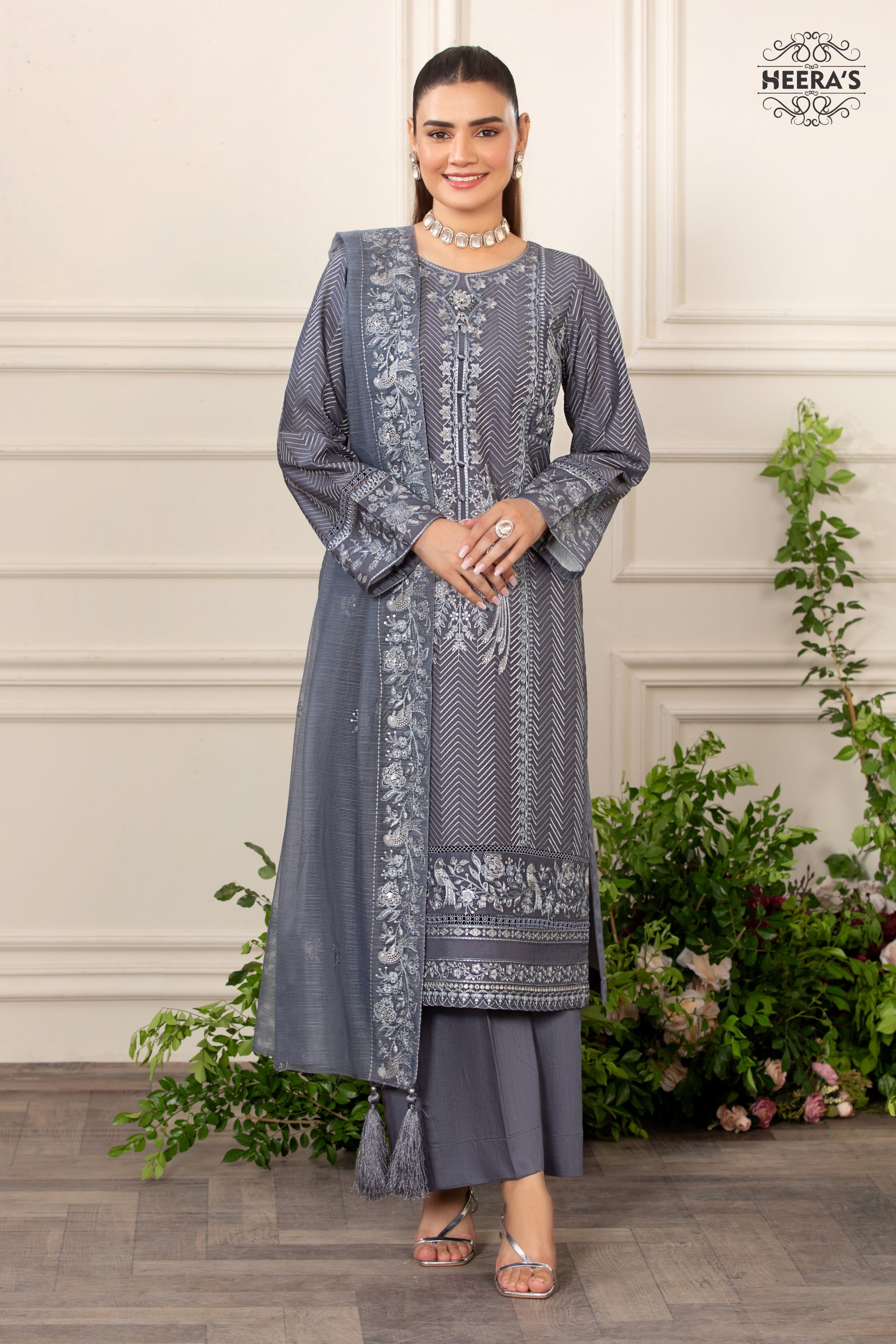 ELEGANTS GREY K.H EMBROIDERED 3 PCS - Heeras Official