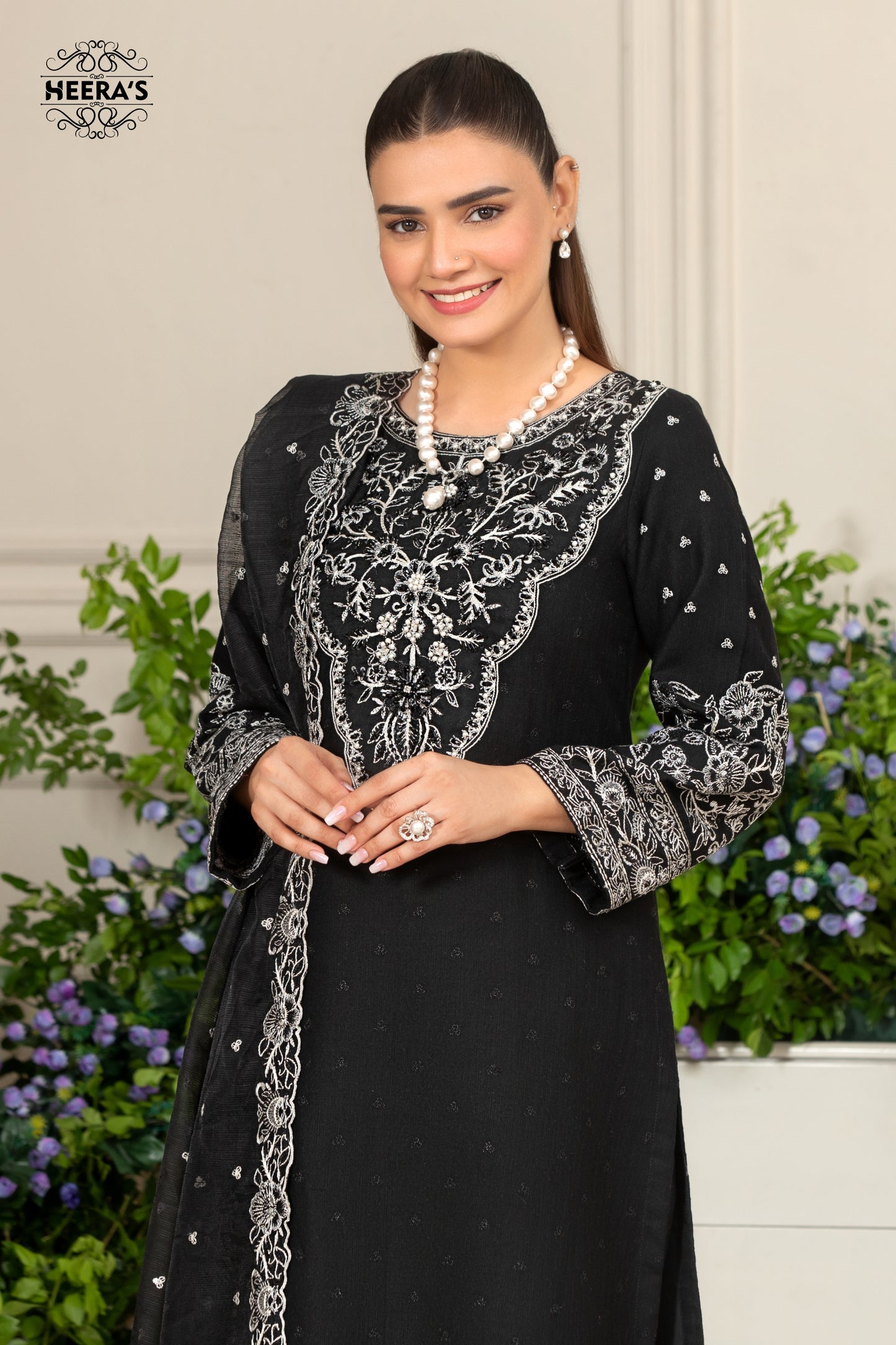 Noir Black Khaddar- 3 PCS EMBROIDERED - Heeras Official