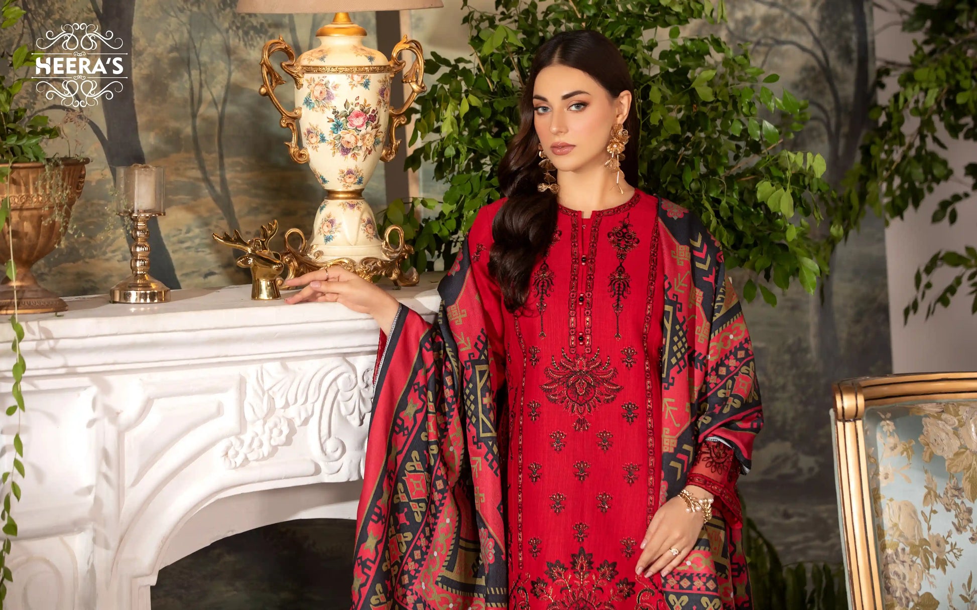 REGAL RED KHADDAR -  3 PCS EMBROIDERED - Heeras Official