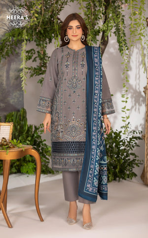 LUSH GREY KHADDAR -  3 PCS EMBROIDERED - Heeras Official