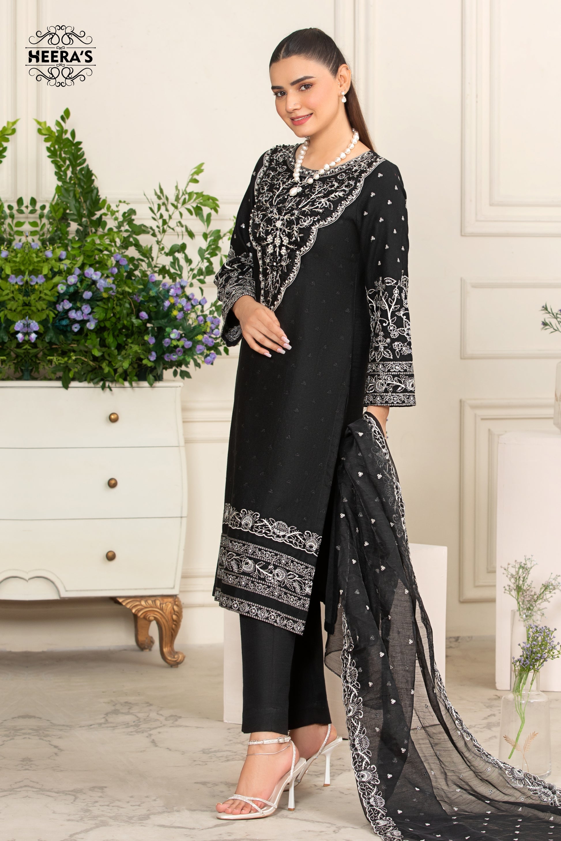 Noir Black Khaddar- 3 PCS EMBROIDERED - Heeras Official