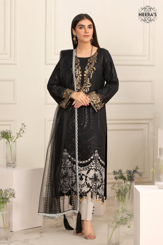 GRACEFUL NOIR BLACK- 3PCS EMBROIDERED - Heeras Official