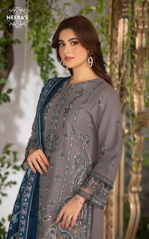 LUSH GREY KHADDAR -  3 PCS EMBROIDERED - Heeras Official