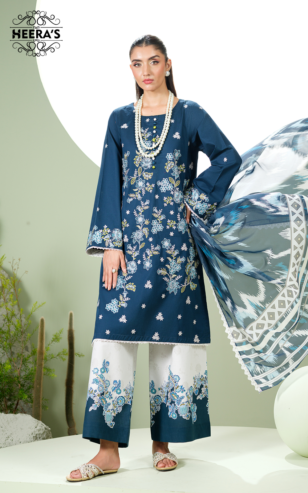 Embroidered Viscose Shirt, Printed Plazo & Silk Dupatta