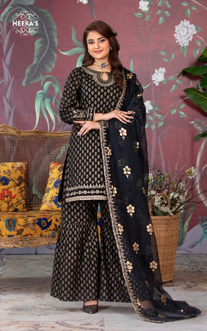 BLACK GOLD SHARARA - 3PCS EMBROIDERED - Heeras Official