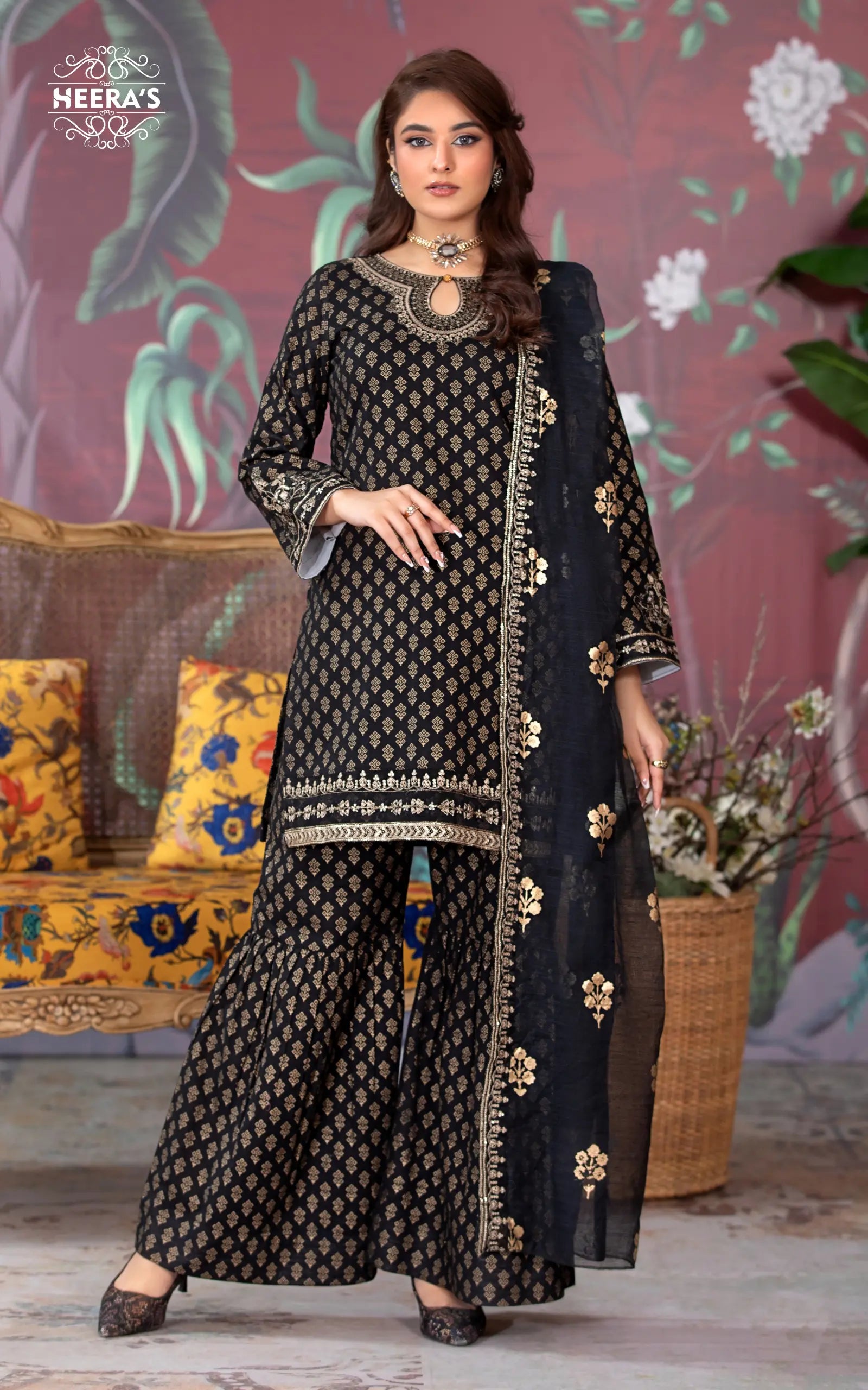 BLACK GOLD SHARARA - 3PCS EMBROIDERED - Heeras Official