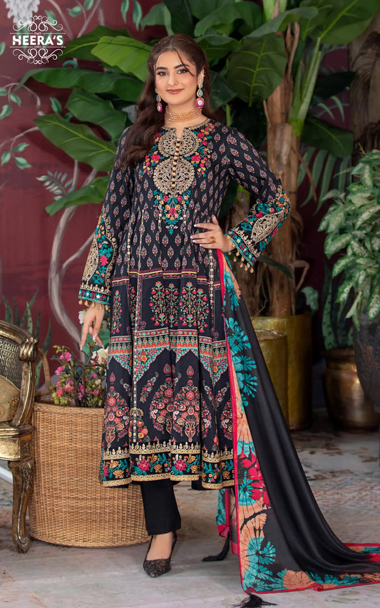 EMBELLISHED BROWN FROCK - 3 PCS EMBROIDERED - Heeras Official