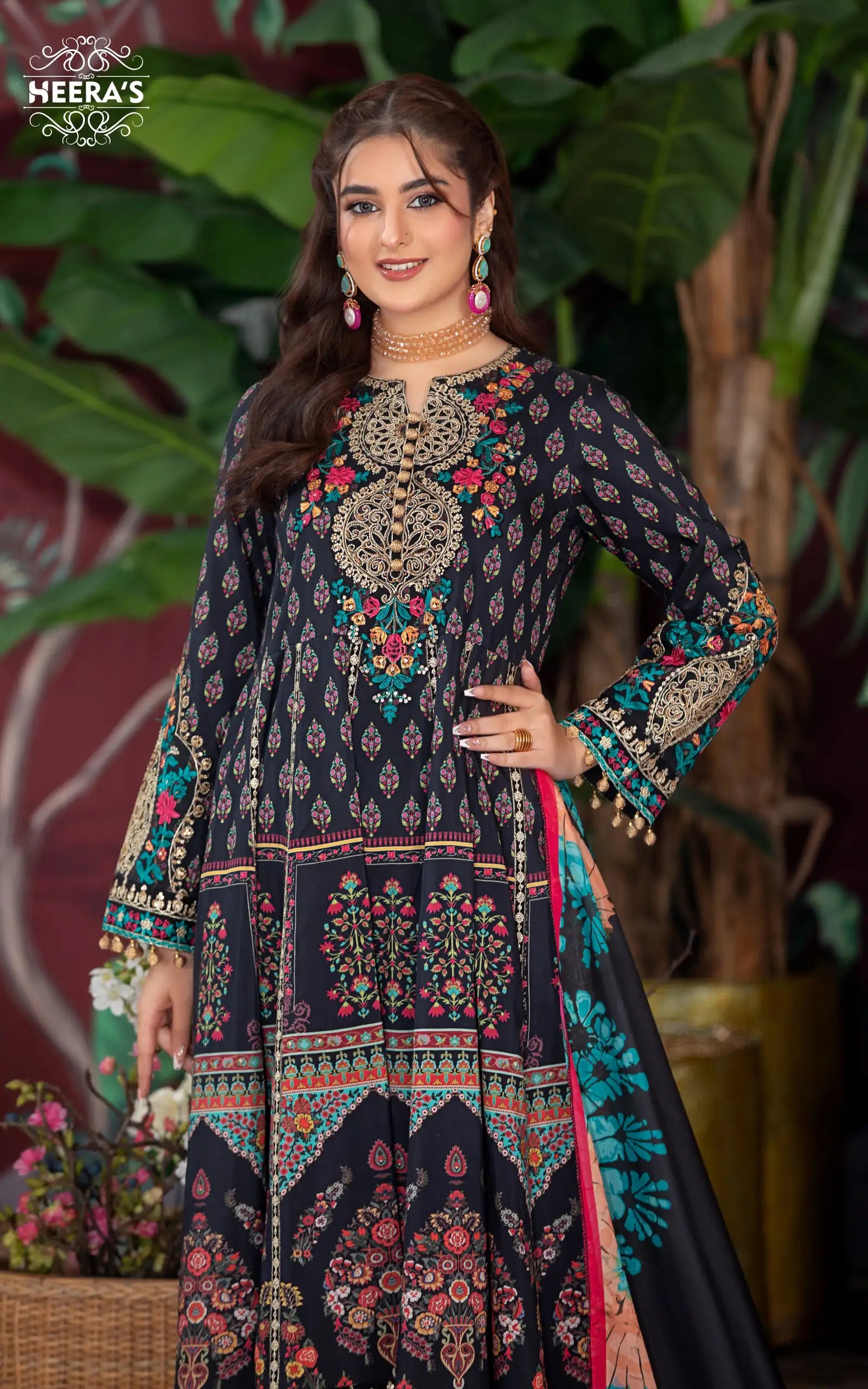 EMBELLISHED BROWN FROCK - 3 PCS EMBROIDERED - Heeras Official