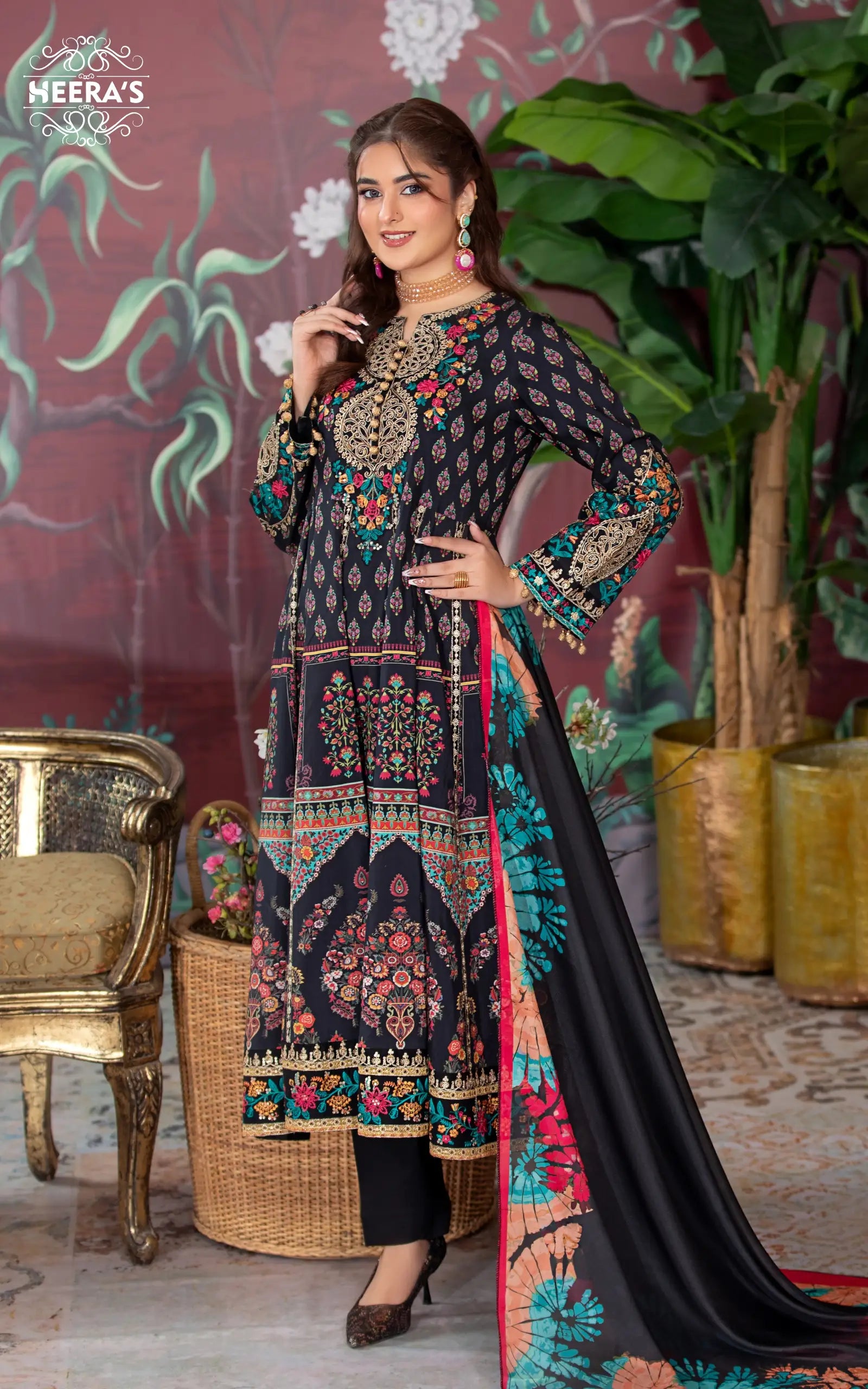 EMBELLISHED BROWN FROCK - 3 PCS EMBROIDERED - Heeras Official