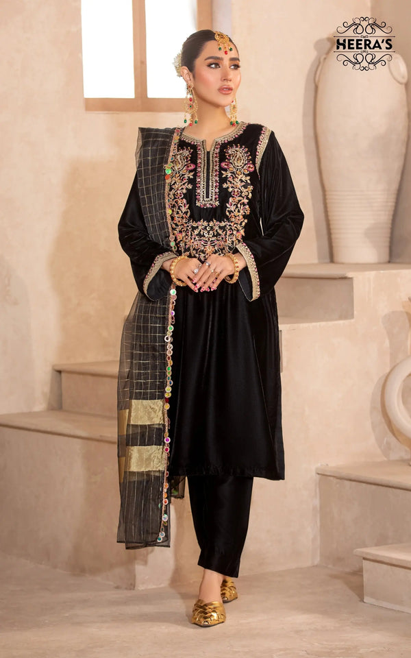 HEERA'S ROYAL VELVET NOIR - 3PCS EMBROIDERED - Heeras Official