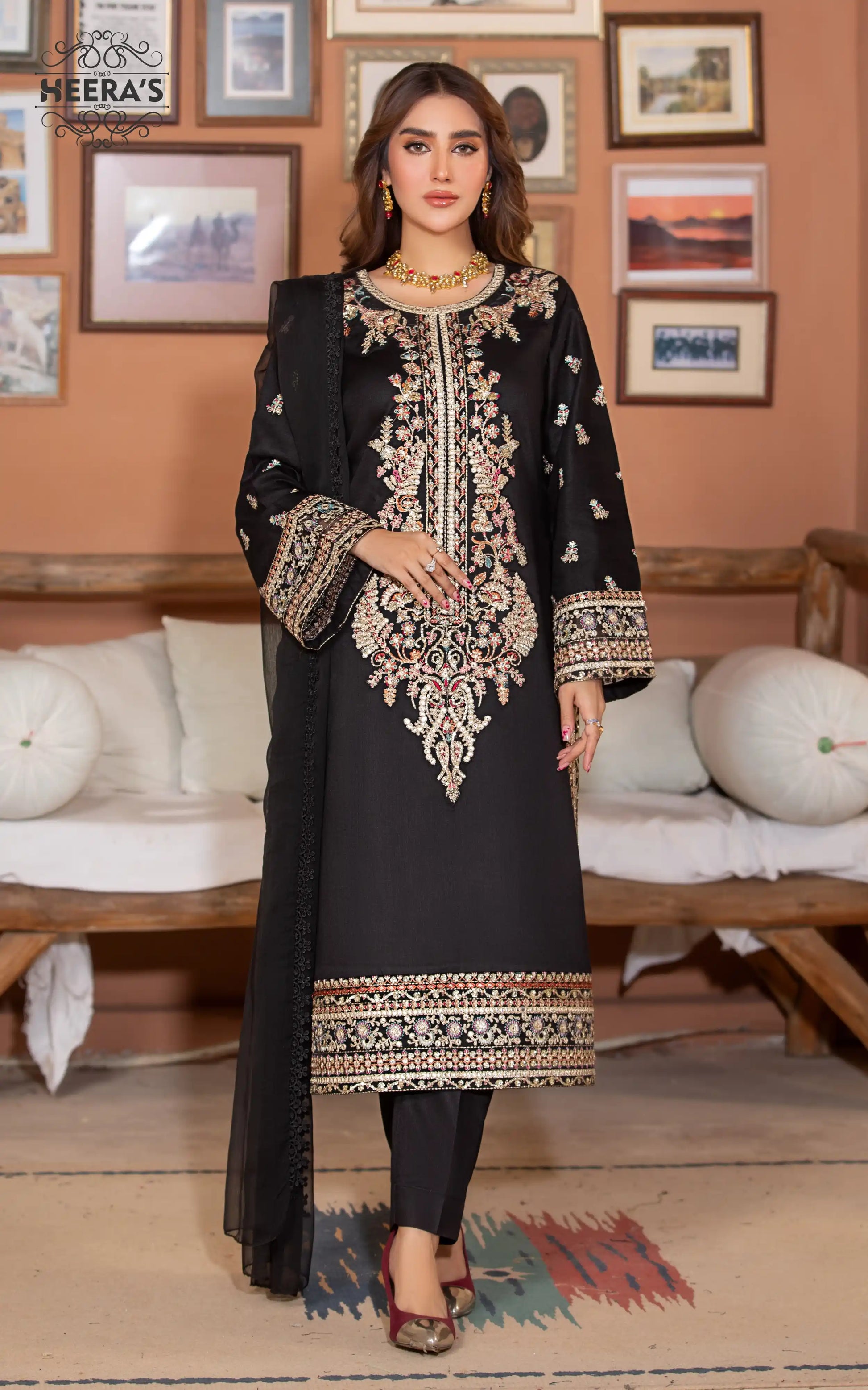 FESTIVE BLACK GLAMOUR - 3 PCS EMBROIDERED - Heeras Official