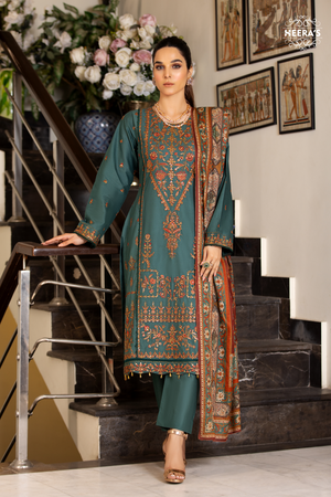 GREEN FLORA M.N EMBROIDERED 3 PCS - Heeras Official