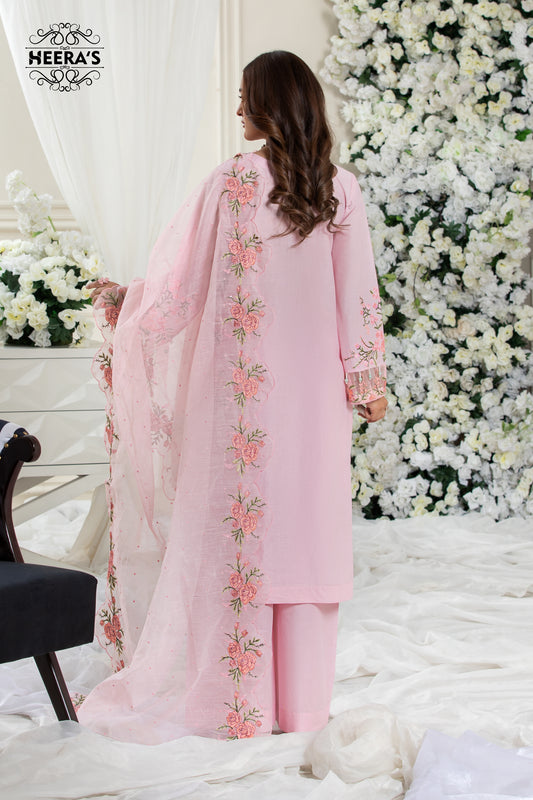 LUXURY PINK 3D A.M - 3 PIECE EMBROIDERED - Heeras Official