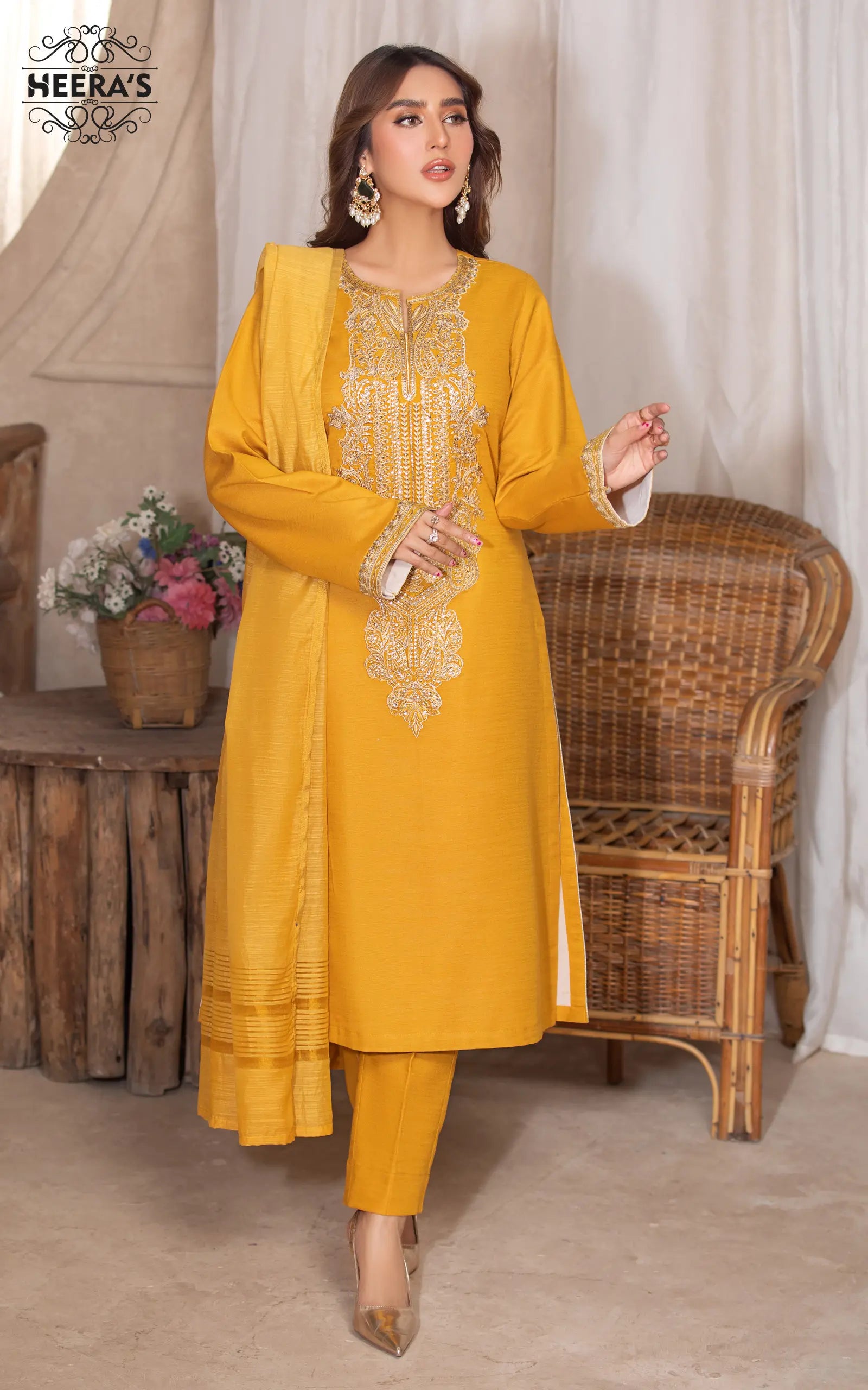 MUSTARD THREADS - 3 PCS EMBROIDERED - Heeras Official