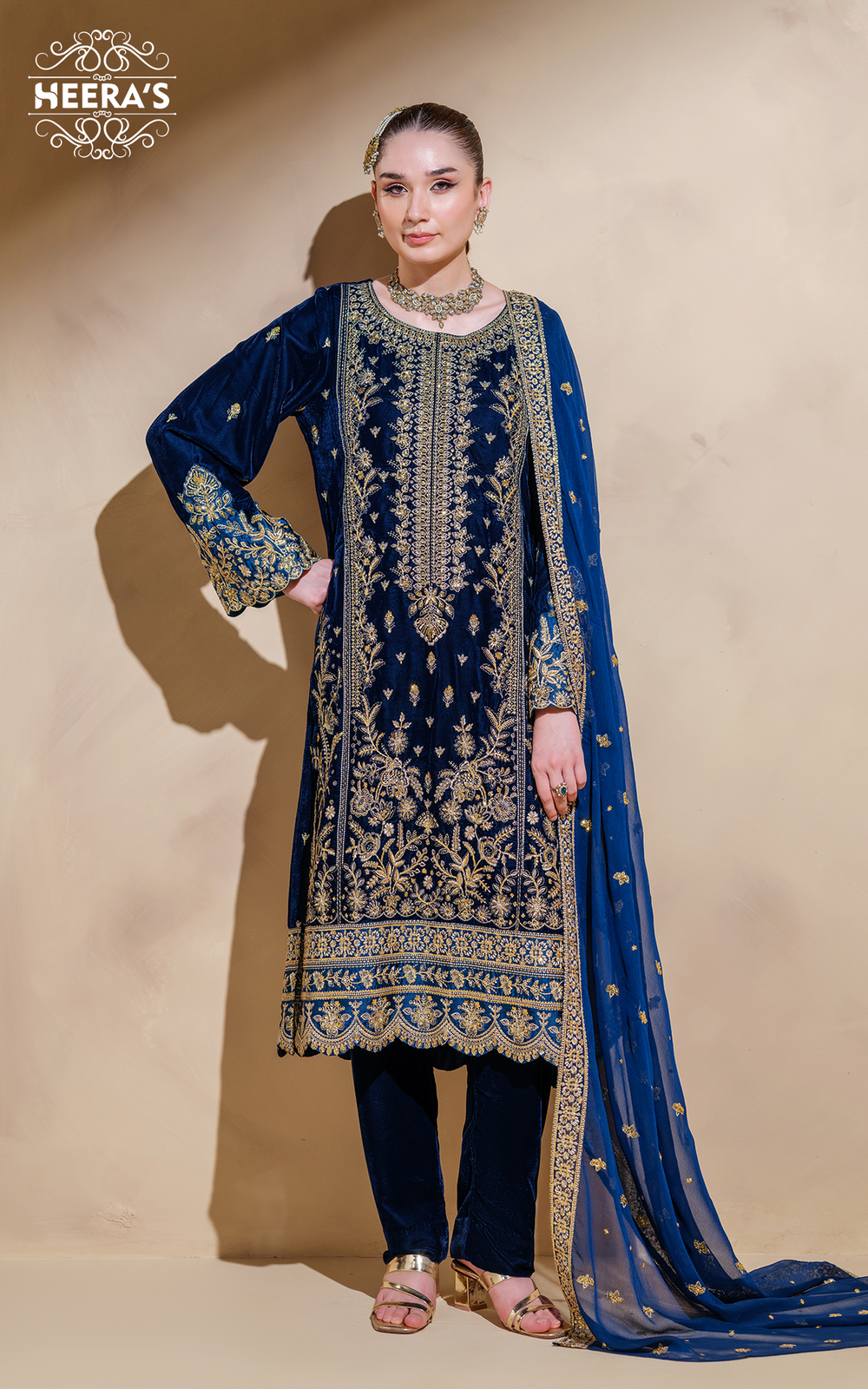 Elegant Velvet Shirt Trouser Set with Sequence Embroidery